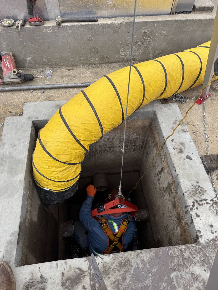 Confined space entry with harness, retrieval line, and forced-air ventilation